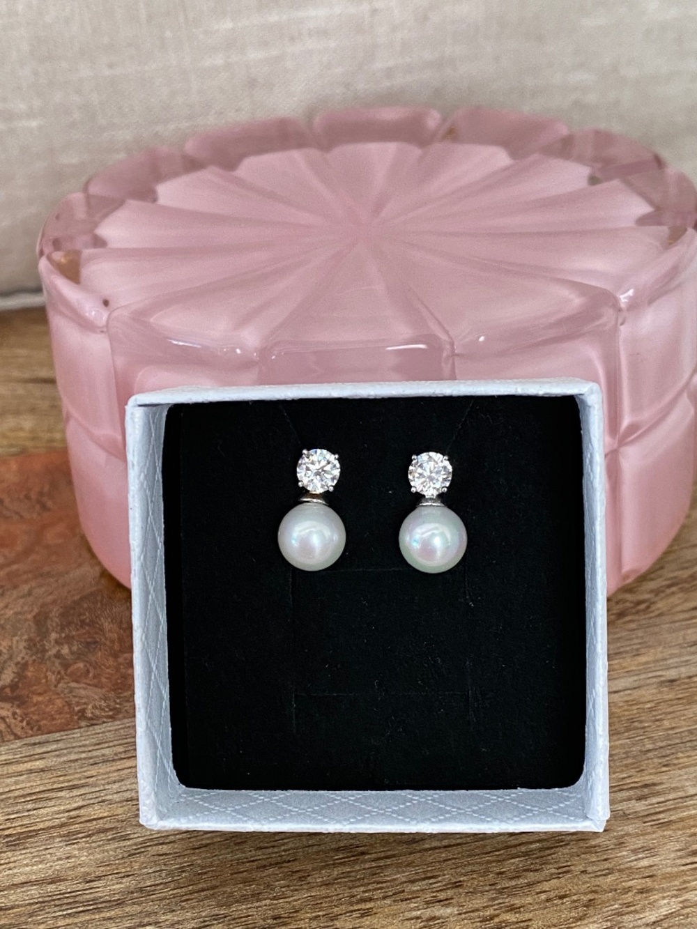 Classic 925 Sterling Silver Faux White Pearl Clear Stone Drop Post Cute Earrings